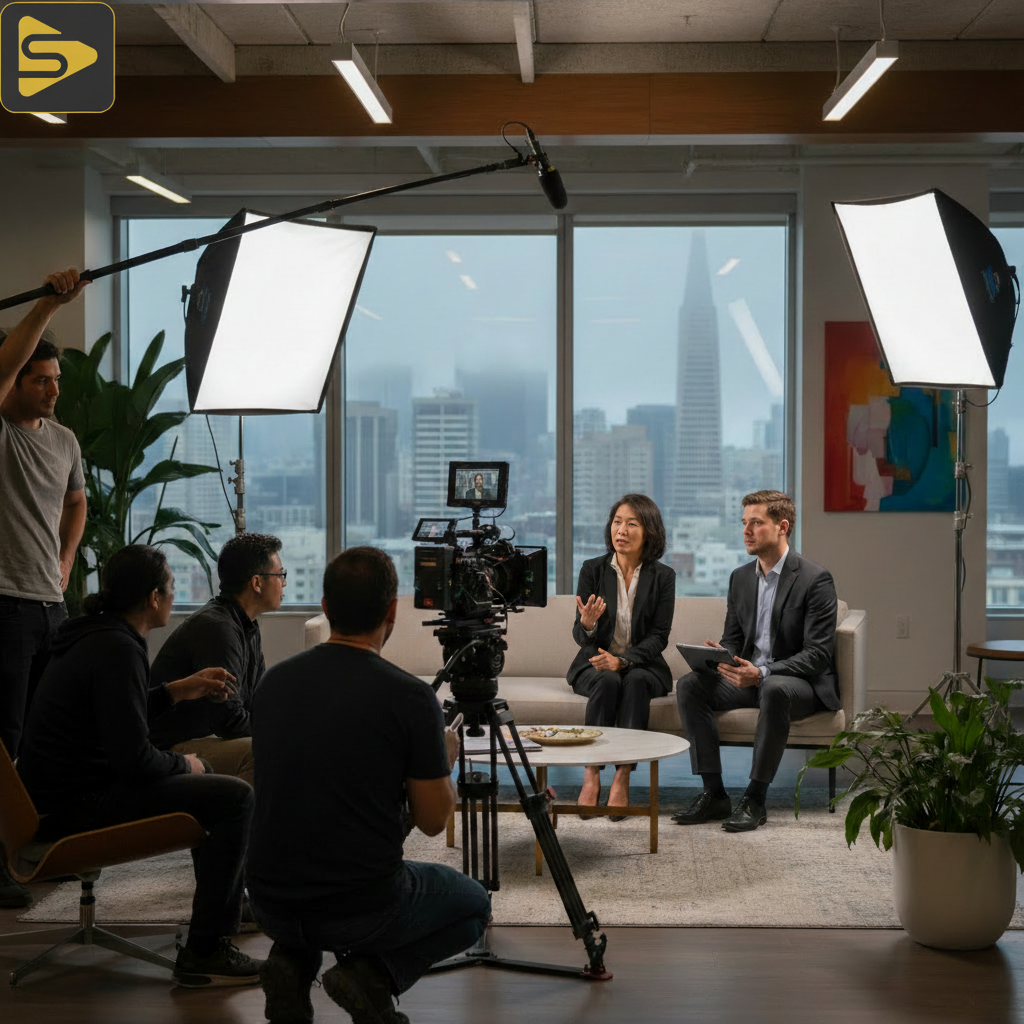 B2B Video Production Set Professional video production crew filming B2B customer success stories in a Bay Area office