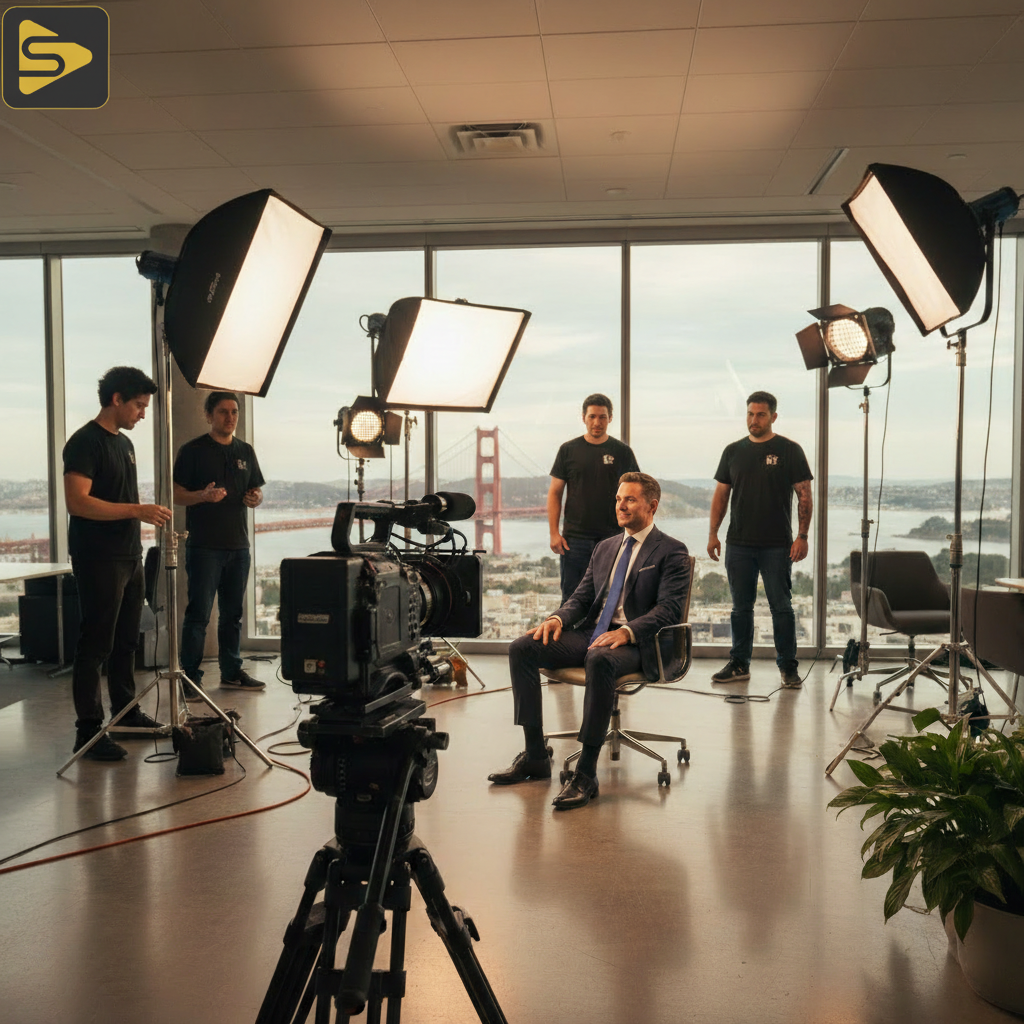 Integrated Video Production Set A professional video production set illustrating the content waterfall framework for Bay Area businesses