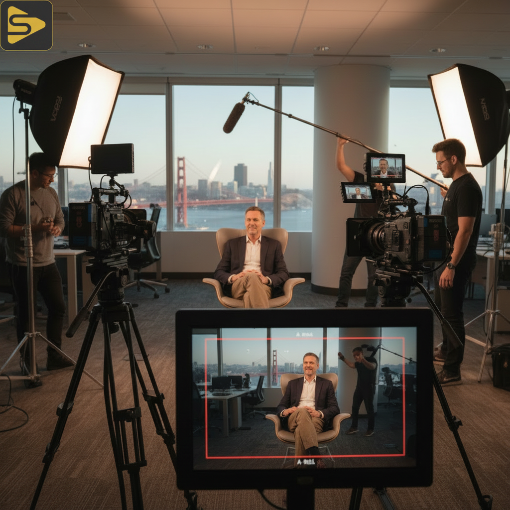 A-Roll Anchor Video Production Set A professional executive interview strategy session being filmed in a Bay Area studio