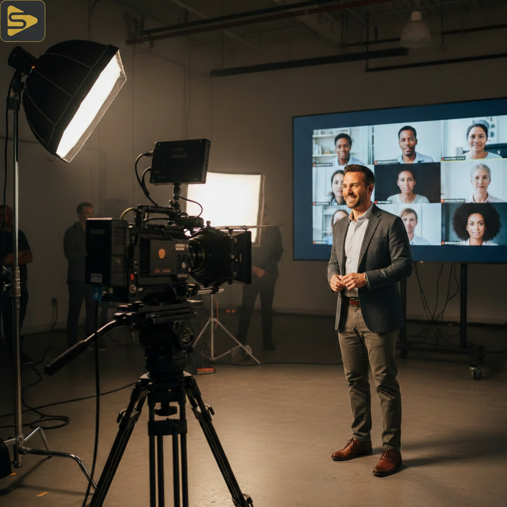 Hybrid Production Framework in Action A professional SF corporate video agency setup using a hybrid production framework with remote stakeholders on monitors.