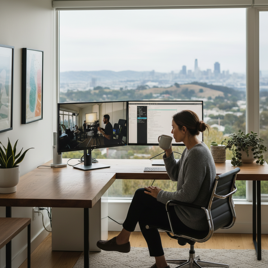 Remote Production Management for Executives A marketing director managing a remote production using real-time collaboration tools.