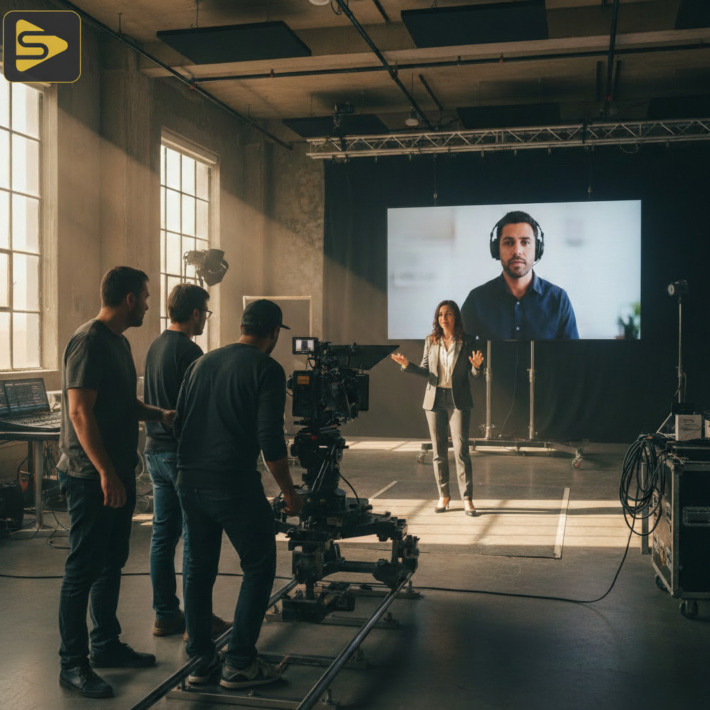 Hybrid Production Workflow in Action A professional hybrid production workflow showing a local SF crew and remote director