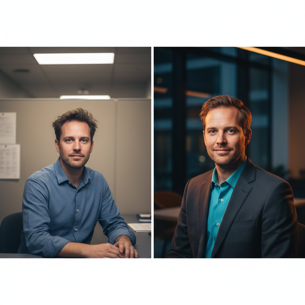 Visual Authority Lighting Comparison Comparison of poor lighting vs cinematic investor pitch video lighting