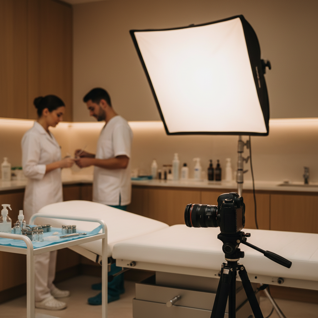 Medical Photography Lighting Setup Professional lighting equipment setup for medical practice brand photography in a clinical setting.