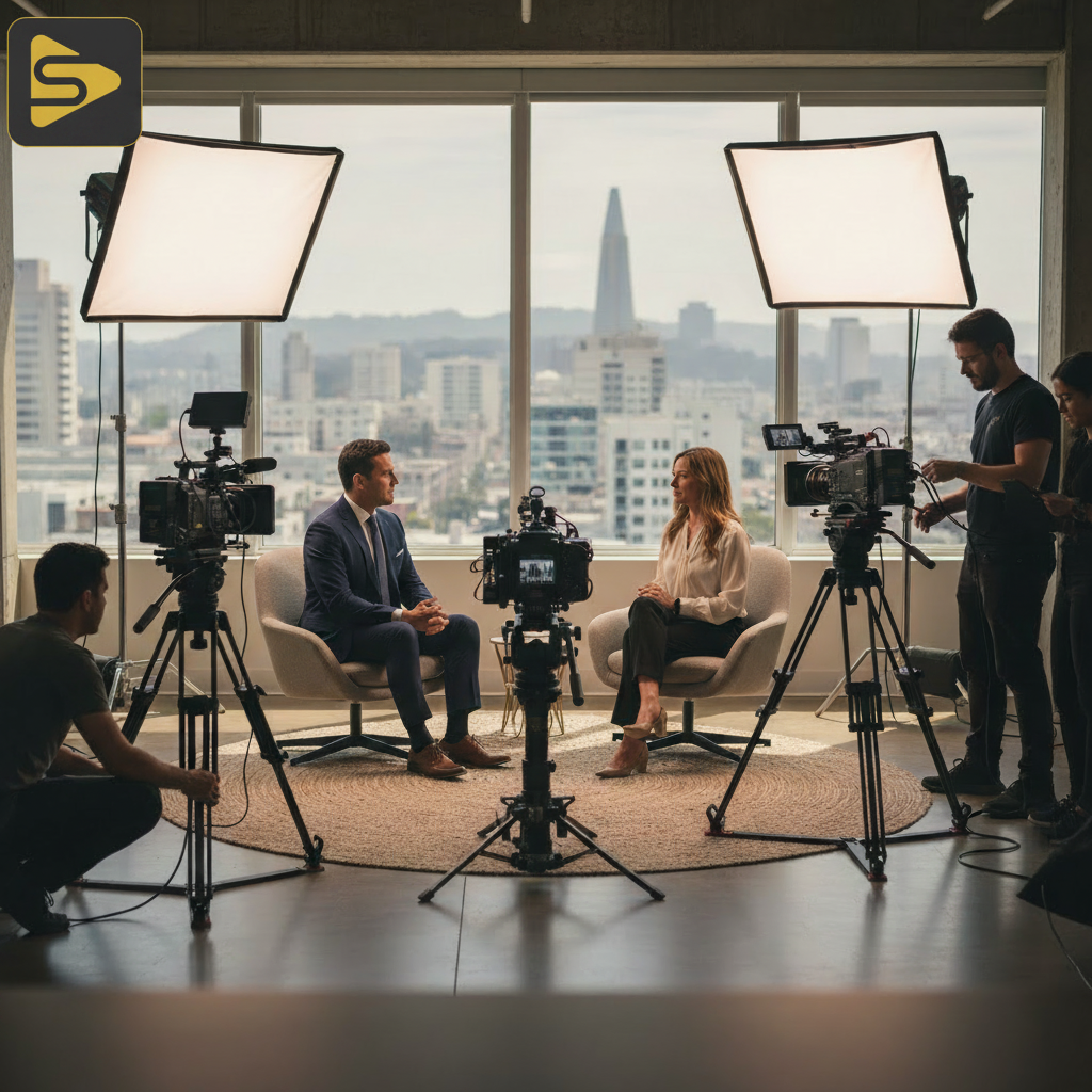 Professional Multi-Cam Production Setup Multi-camera interview setup for micro-content extraction in a professional studio