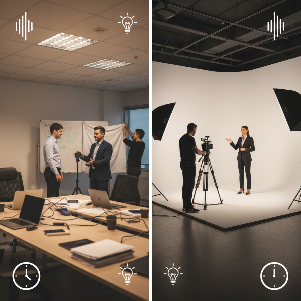 Infographic comparing corporate office filming and studio production logistics