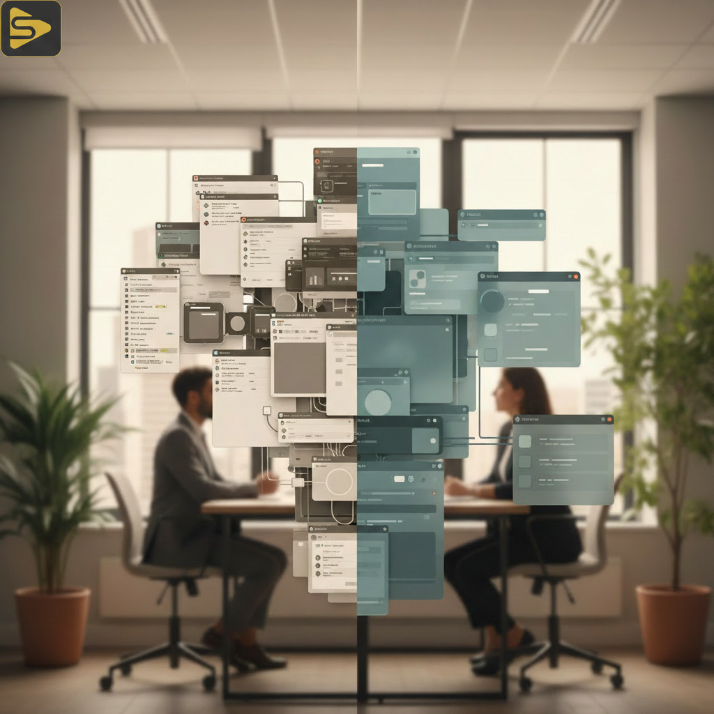 Visual Hierarchy Comparison Comparison of cluttered UI vs clean SaaS product demo visual hierarchy