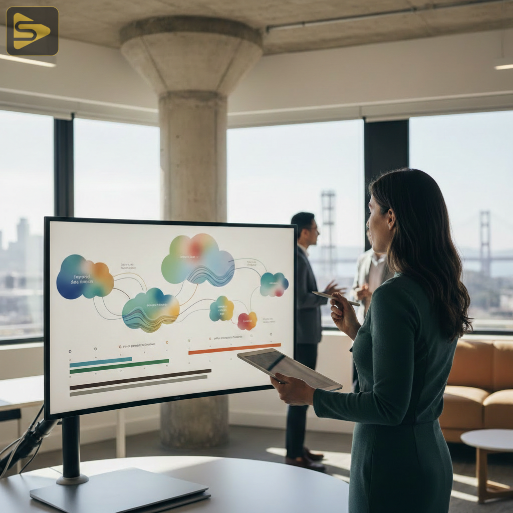 Search-First Video Strategy Session Marketing director reviewing search-first video content mapping data
