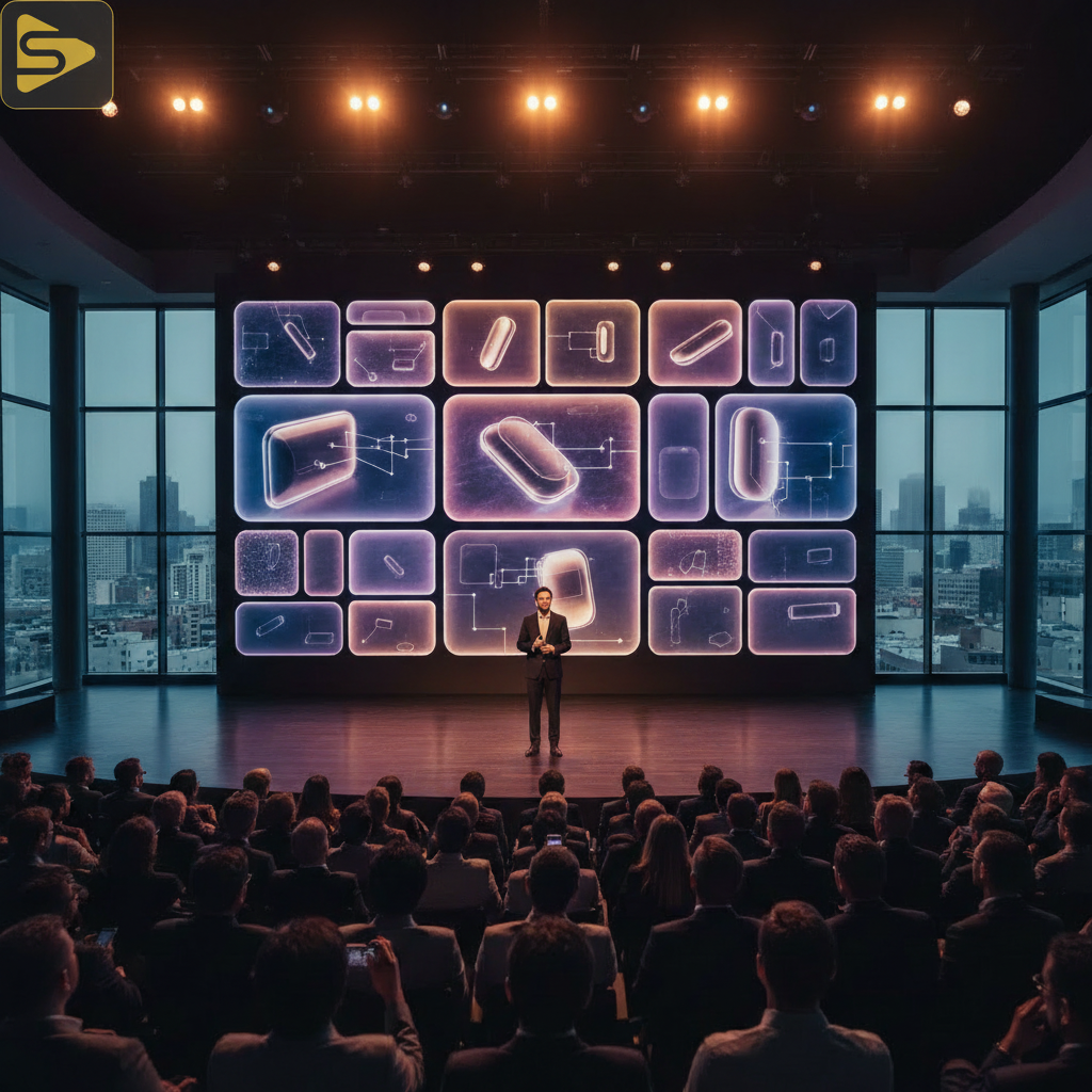 Technical Product Keynote Visual Hierarchy SaaS founder presenting a technical product keynote with 3-layer visual hierarchy