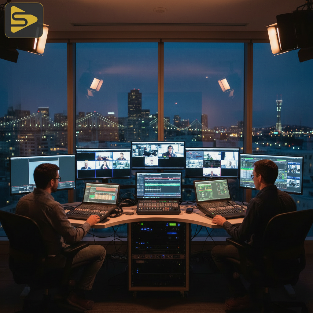 Professional SF corporate livestreams control room setup with redundant encoders