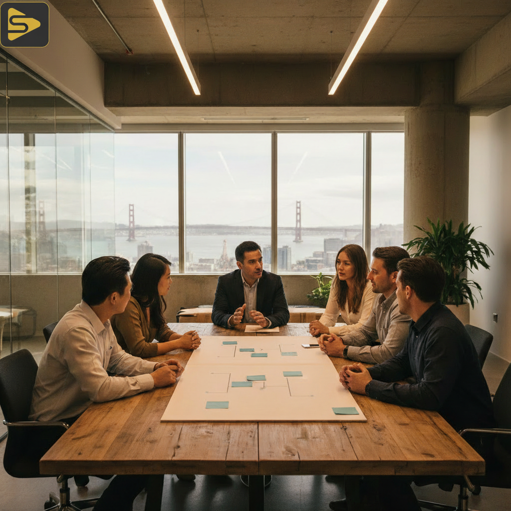 Technical Scripting Framework Collaboration Marketing team collaborating on a technical scripting framework for a product launch