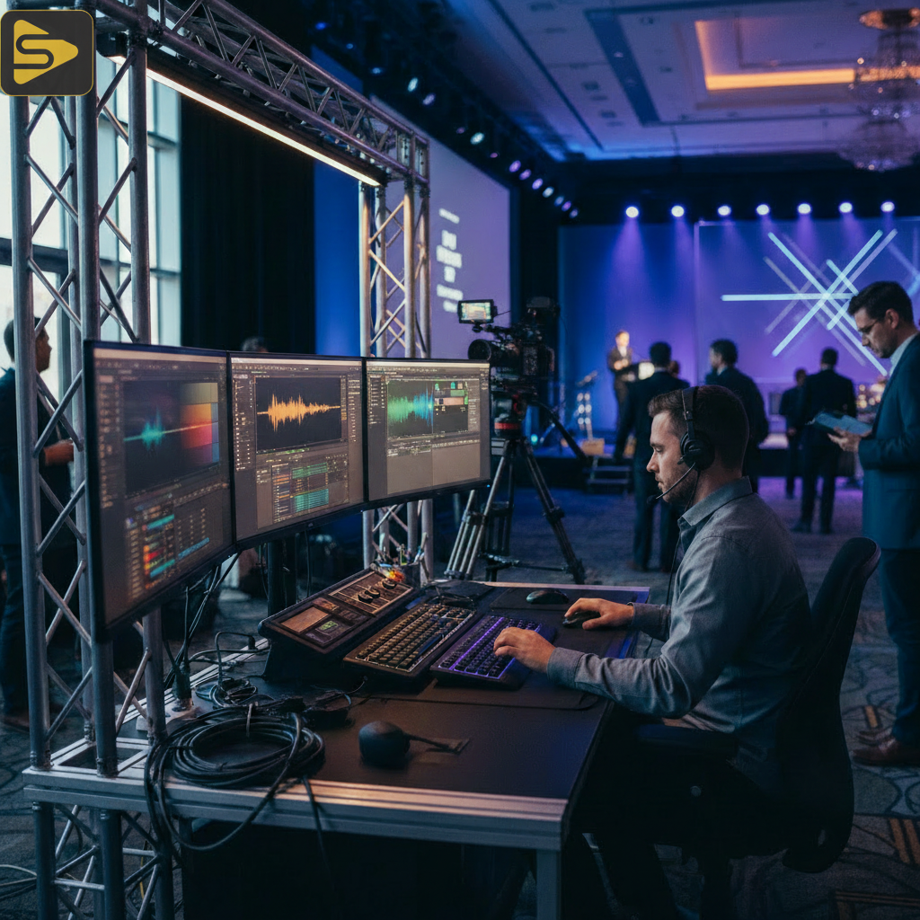 SF Conference Video Production Setup A professional 48-hour post-production workflow station at an SF tech conference