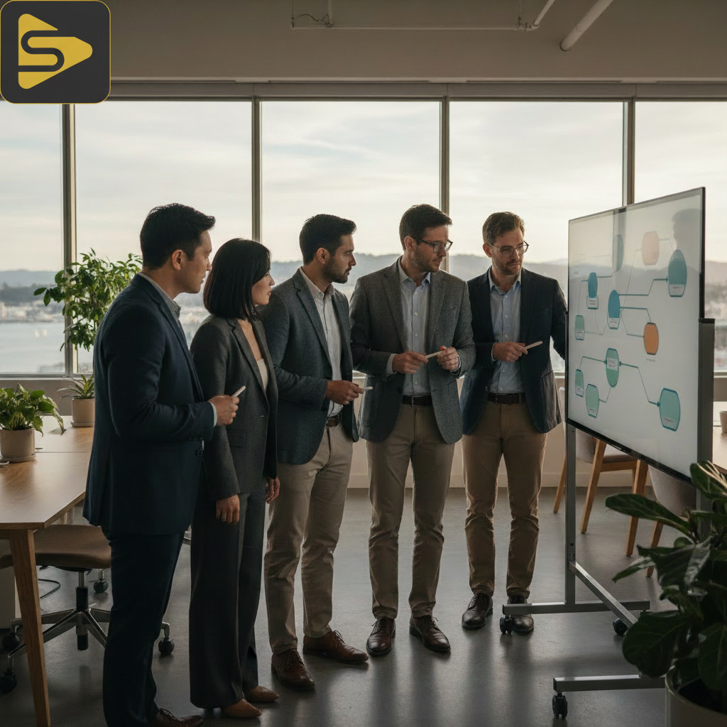 B2B Content Mapping Framework Strategy Session A marketing team discussing a content mapping framework for B2B sales funnels in a modern office.