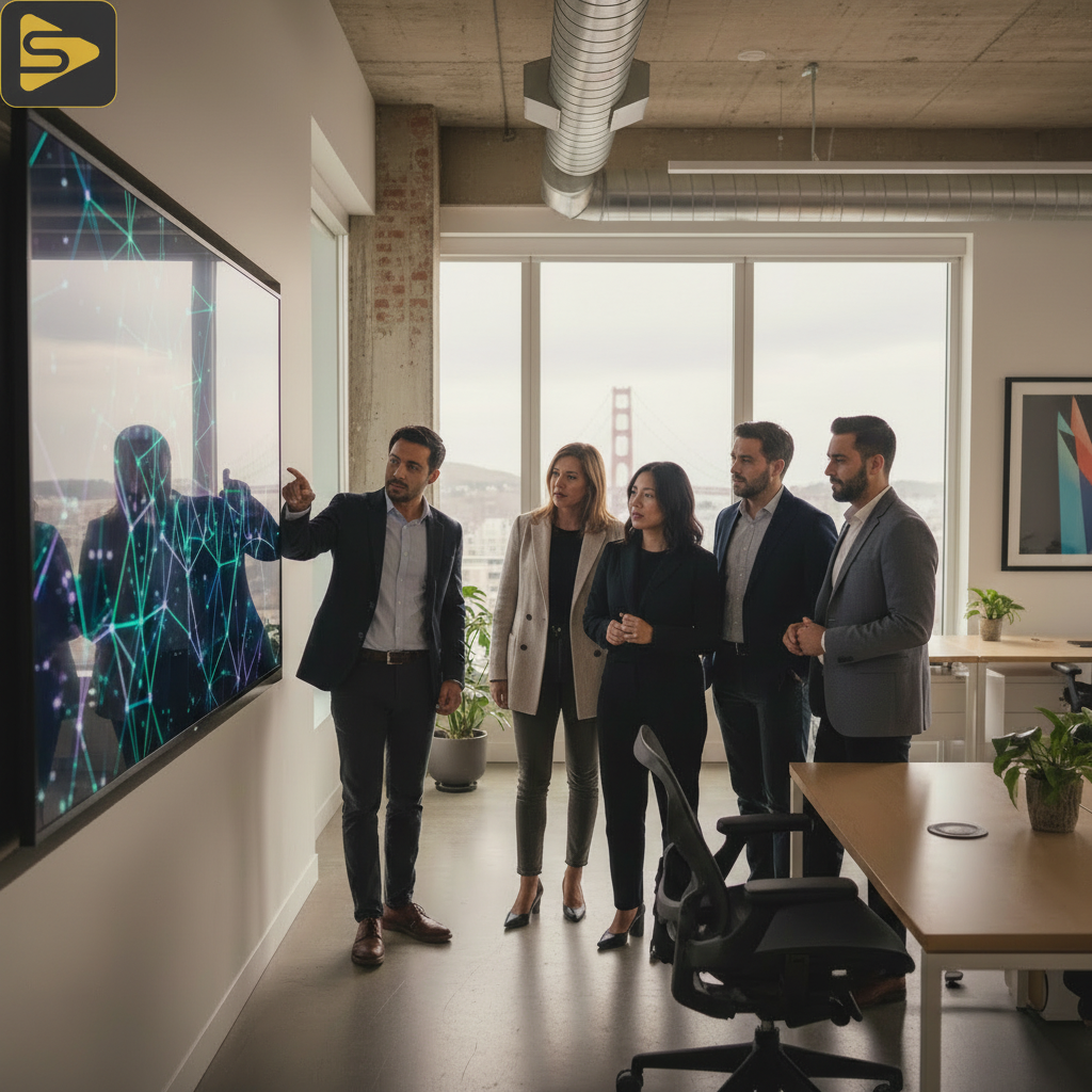 Strategic Creative Planning for Startups A team of founders using a creative brief framework for startup video production in a Bay Area office