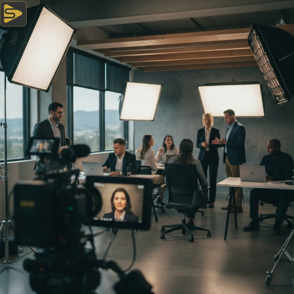 Direct-to-Camera Founder Video Setup Founder recording a direct-to-camera vs. narrative video for Series A pitch