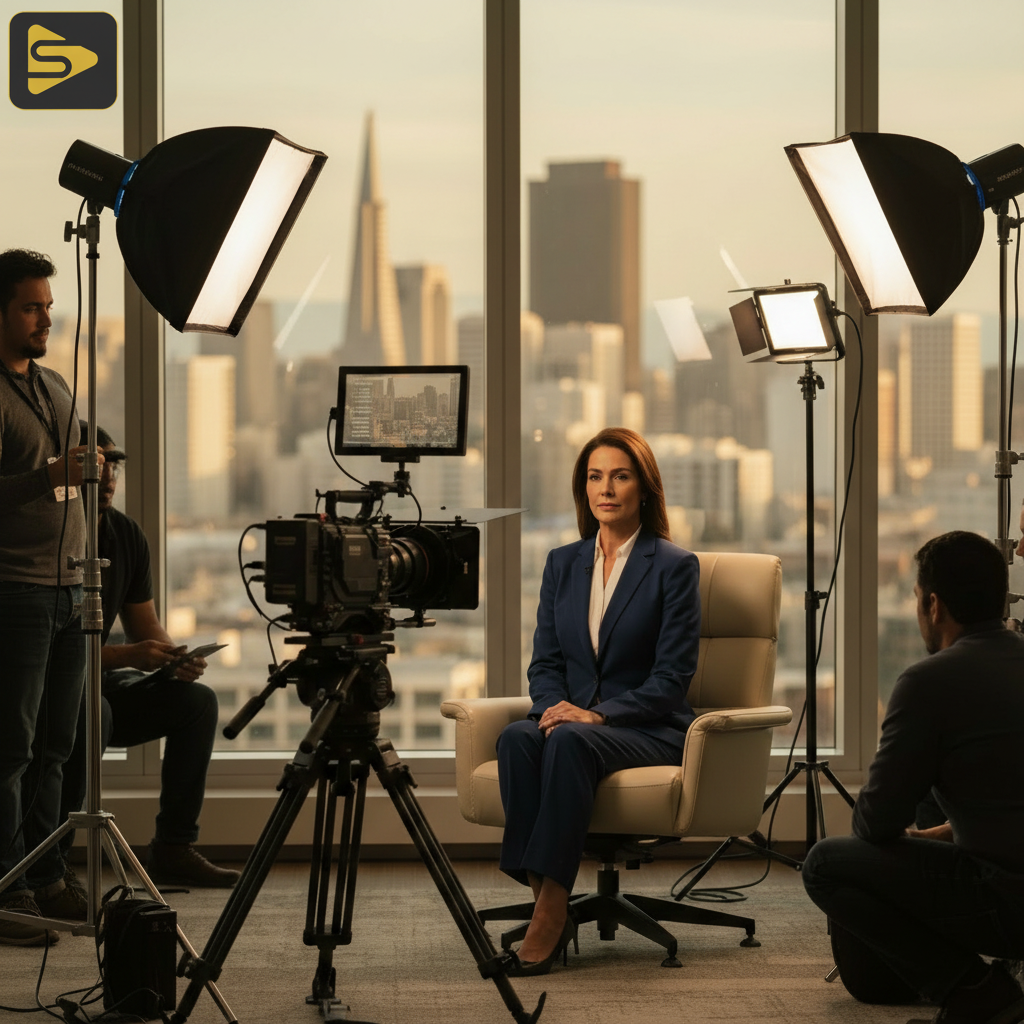 Executive Interview Production Setup Professional executive interview production setup in a San Francisco office with cinema cameras and lighting