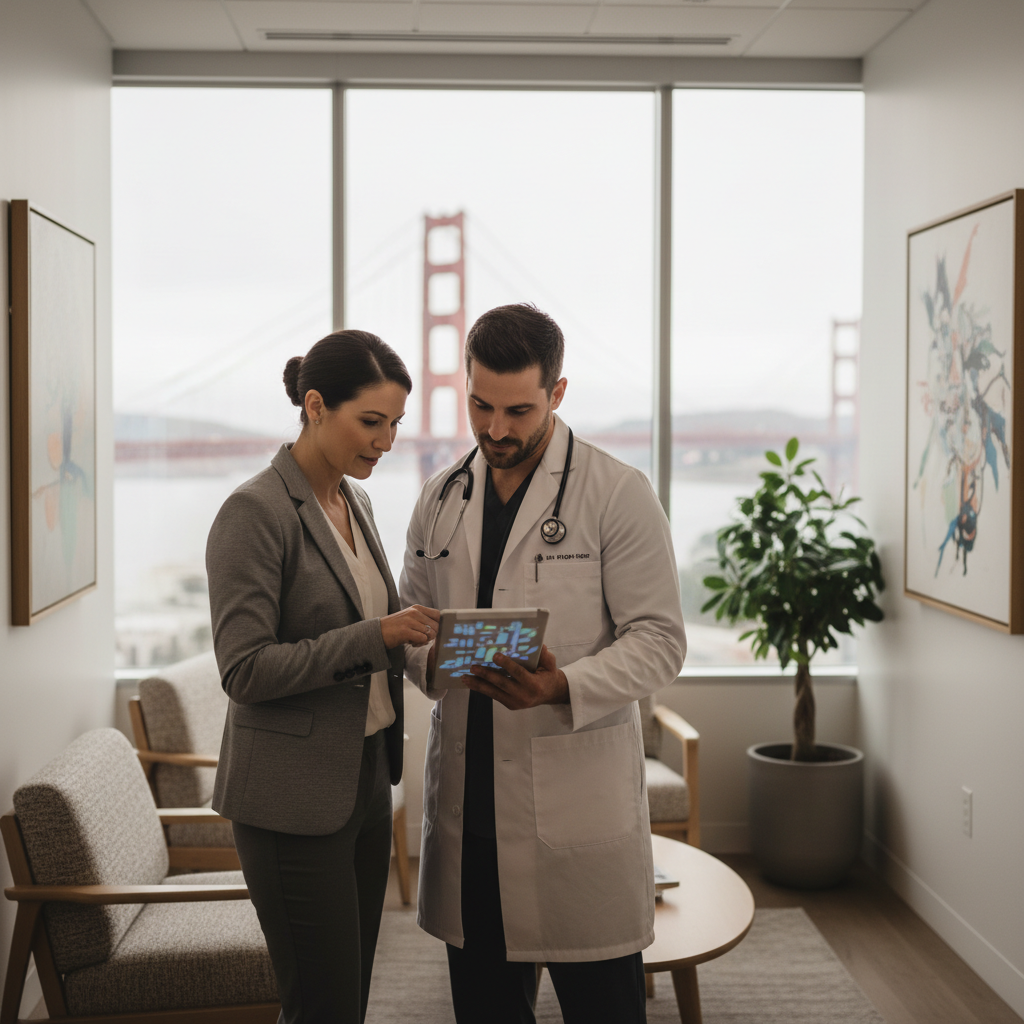 Medical Practice Patient Acquisition Strategy Medical practice leaders reviewing a HIPAA compliant marketing dashboard.