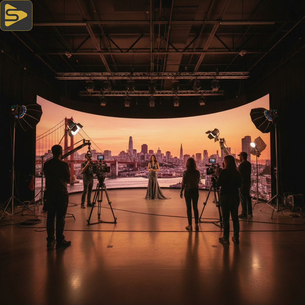Hybrid Production Strategy LED Volume A hybrid production strategy session featuring an LED volume stage displaying a San Francisco skyline