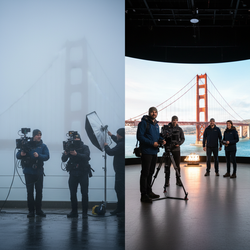 Virtual Production vs Location Shooting Comparison Infographic comparing on-location filming challenges with virtual production efficiency