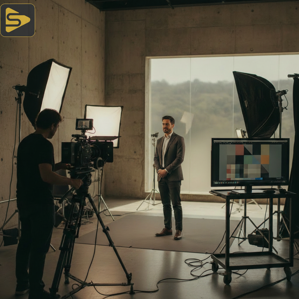 Investor Video Production Strategic Session Professional investor video production session in a Bay Area studio showing technical data on monitors