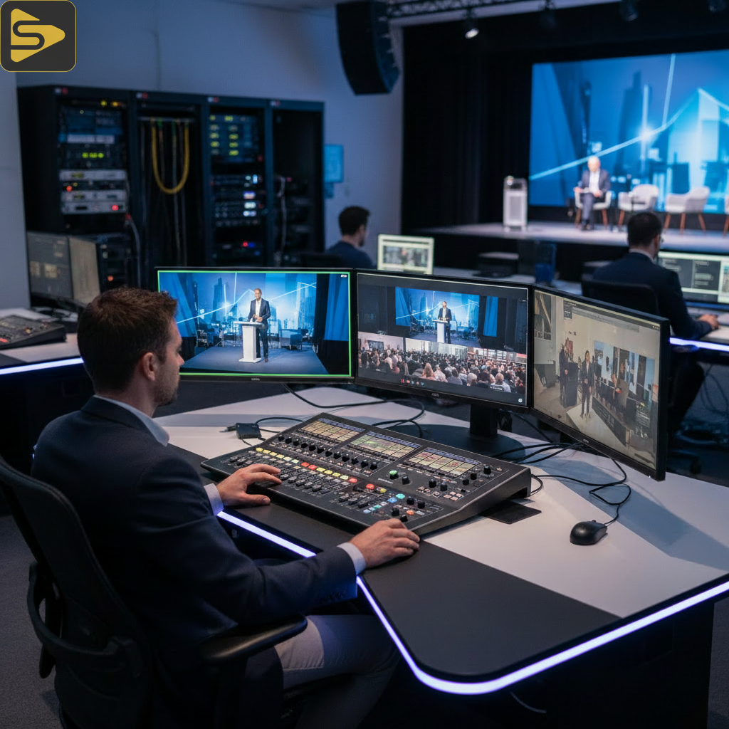 Multi-Camera Livestreaming Control Room A professional multi-camera livestreaming setup with a vision mixer and technical director