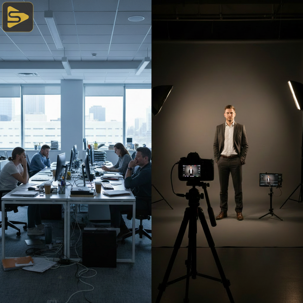 Professional Video Environment Comparison Comparison of professional video environment vs office filming setup for corporate brands