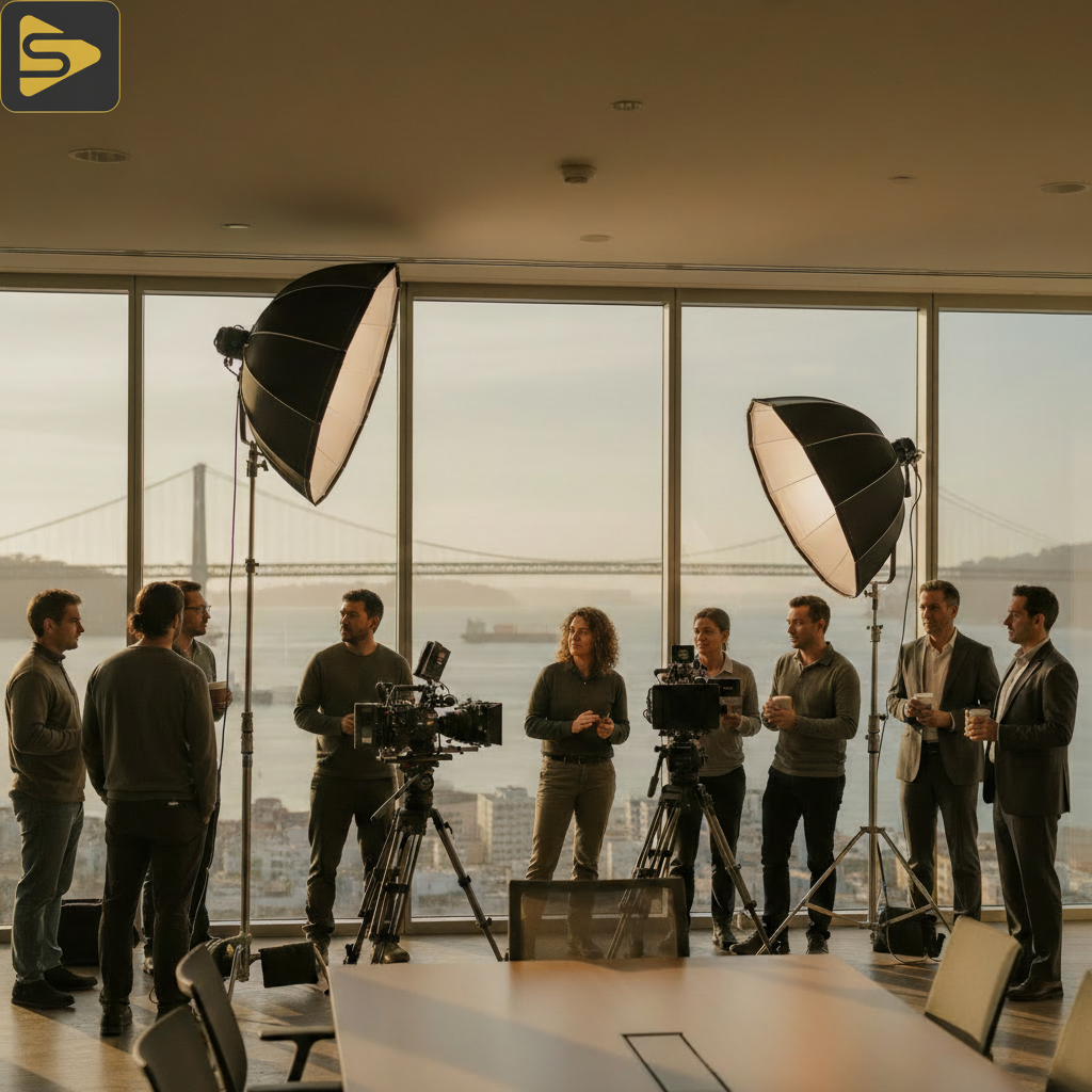 San Francisco Corporate Video Production Setup Professional SF corporate shoots setup with lighting and cameras in a high-rise office