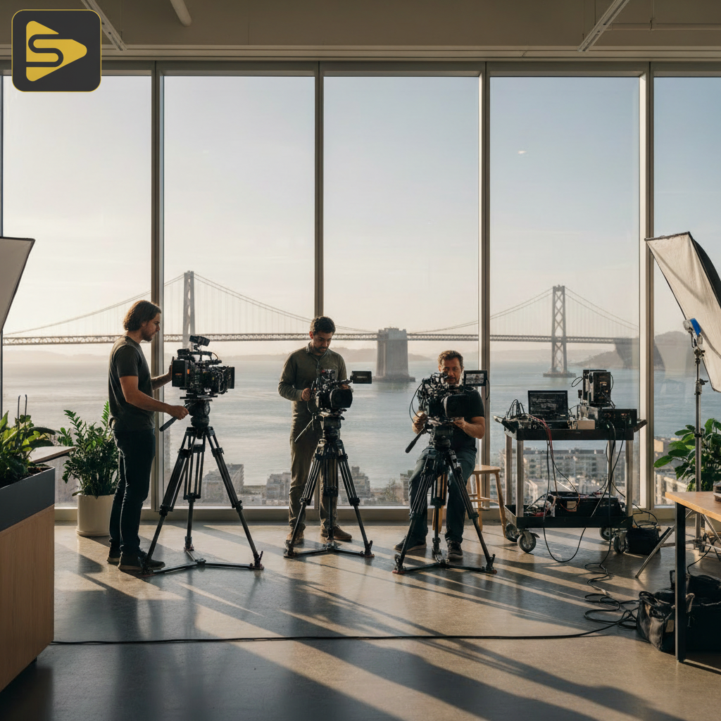 Corporate Video Production SF Professional SF corporate video production crew setting up in a high-rise office