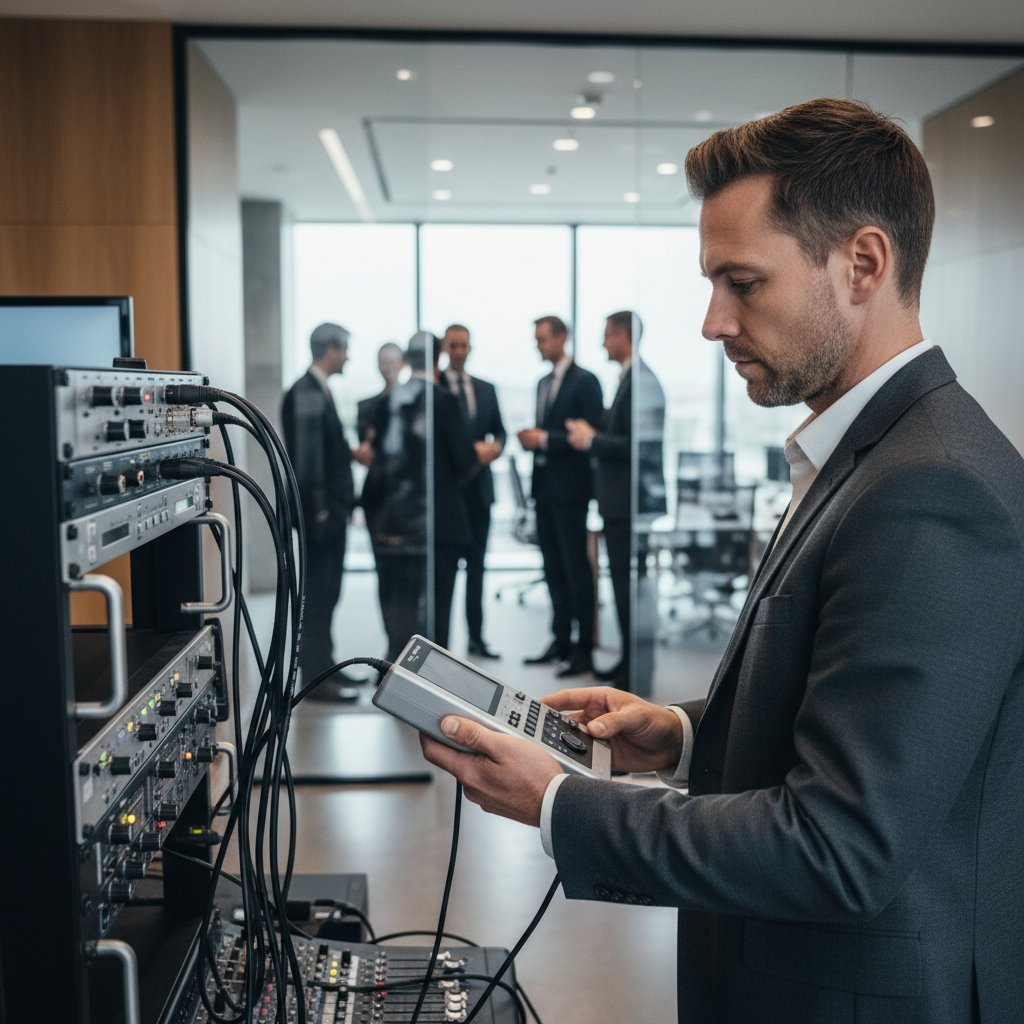 Wireless Frequency Coordination SF Audio engineer performing high-rise wireless frequency coordination