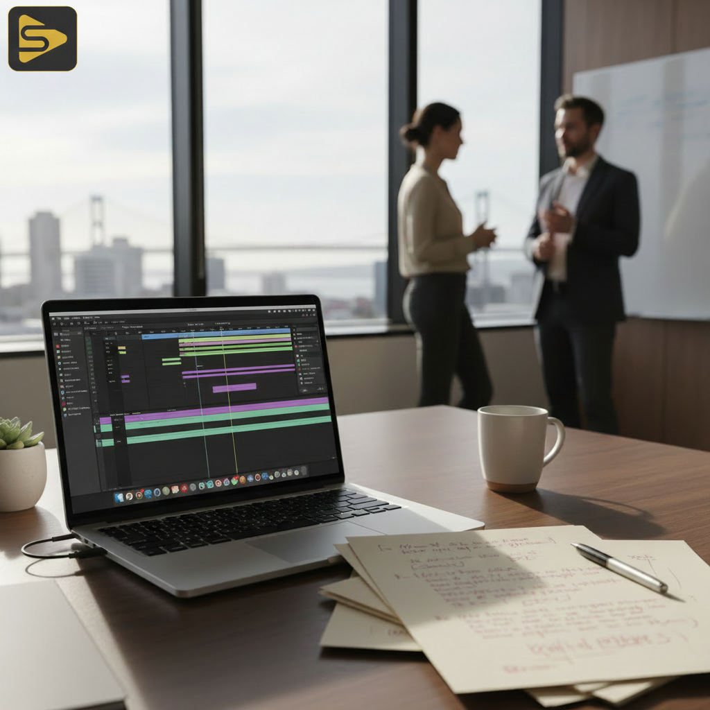 Technical Script Audit Process A technical script audit being performed on a B2B explainer video script in a professional office setting.