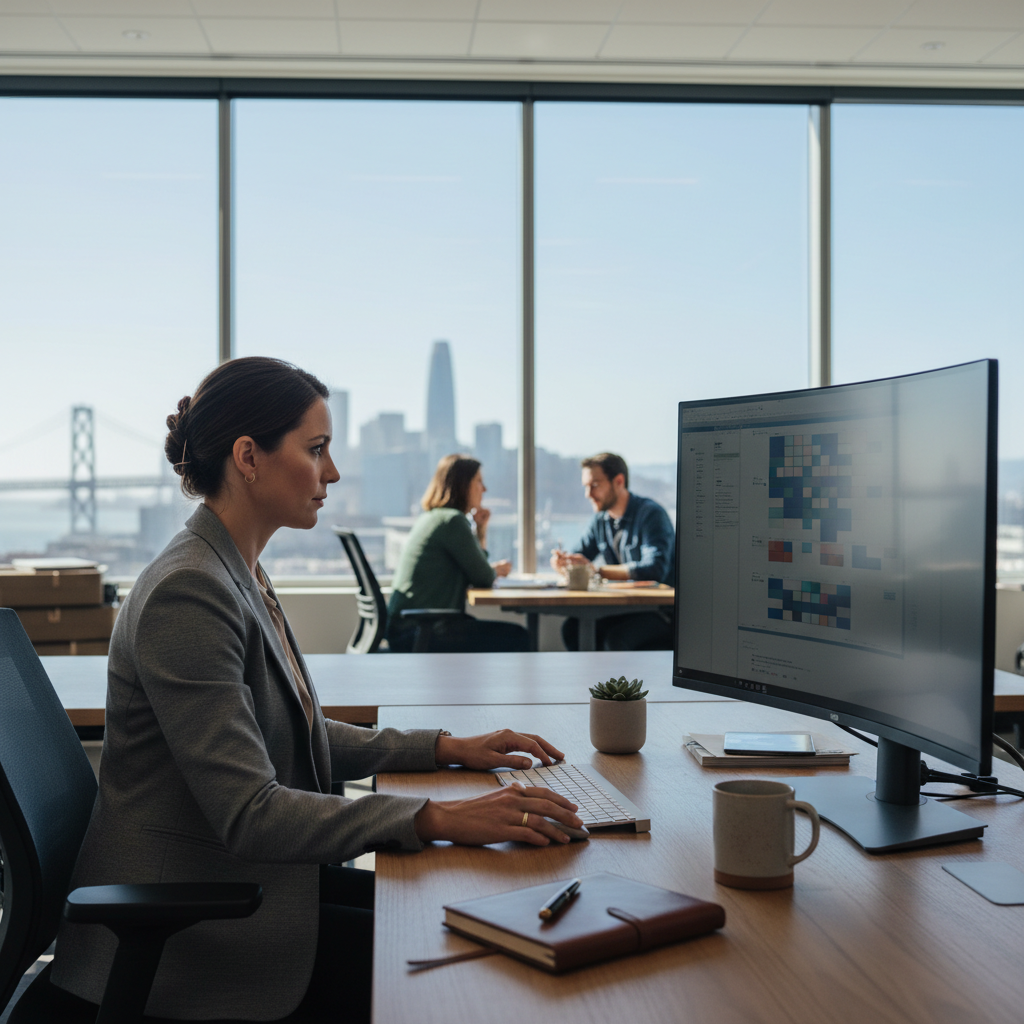 Strategic Marketing Operations Marketing director in a Bay Area office analyzing CRM automations performance.
