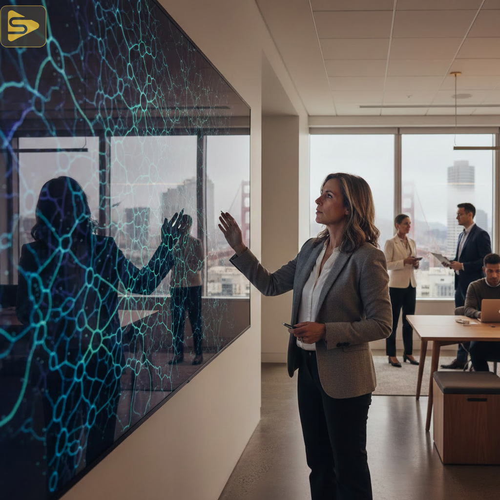 AI-Driven Search Optimization Strategy Marketing director performing an AI-driven search optimization audit in a Bay Area office