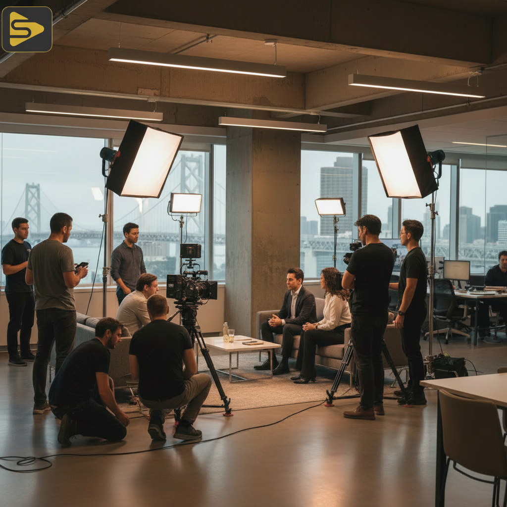 Sustainable B2B Video Production Workflow Professional B2B video production crew filming an executive interview in a Bay Area office
