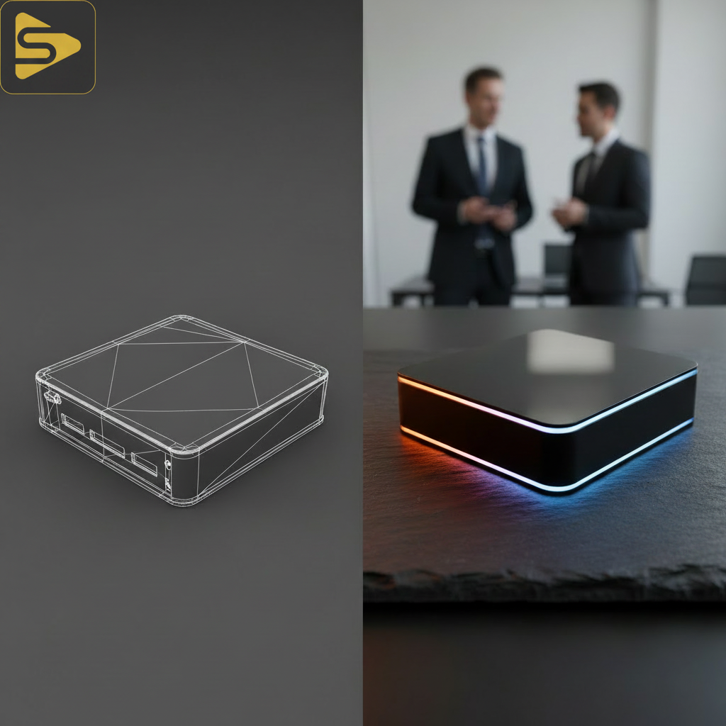 AI Product Photography Lighting Test Midjourney for product renders showing a hardware device with professional rim lighting
