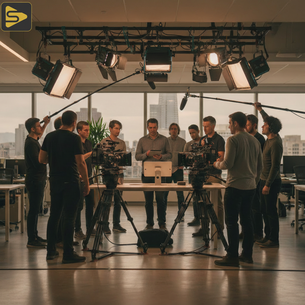 Tier 1 Video Production Set Professional crew filming product launch content for a Bay Area startup