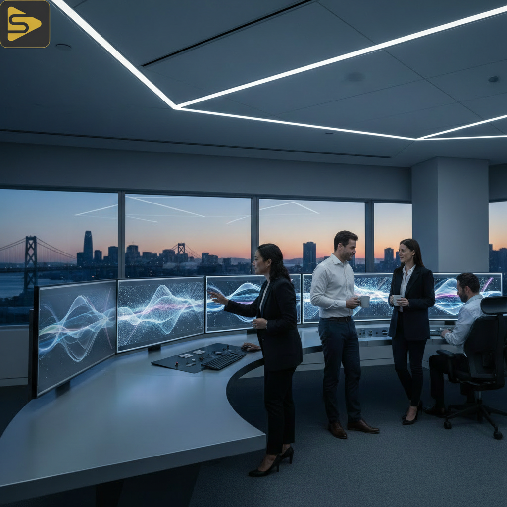 Technical Vetting for Production Agencies A sophisticated Bay Area production agency control room showing technical vetting tools and data analytics.
