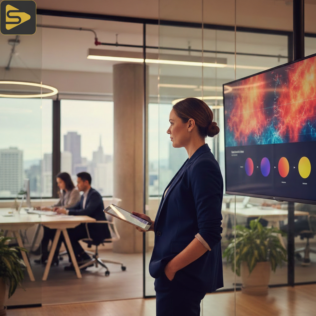 Video Lead Scoring Dashboard Analysis Marketing director analyzing video lead scoring data in a Bay Area office