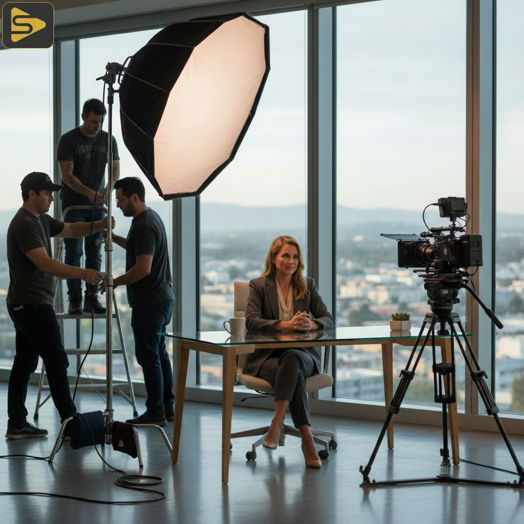 San Jose Office Video Production Lighting Professional corporate video lighting setup in a San Jose office with large windows