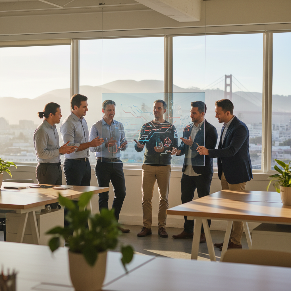 Data-Driven Marketing Strategy Team Marketing team analyzing full-funnel attribution data on a screen in a modern office.