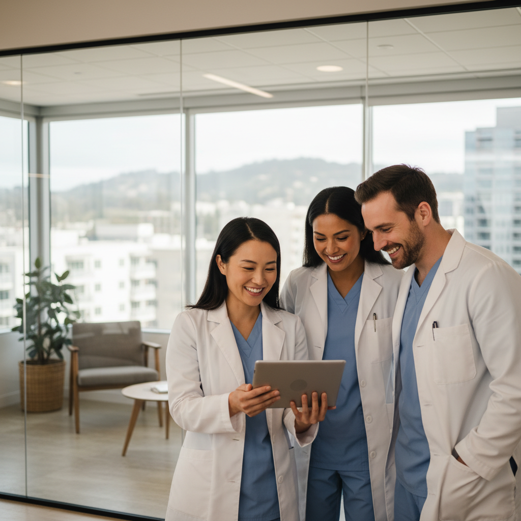 Medical Team Reputation Management Medical team using patient review automation tools in a clinic