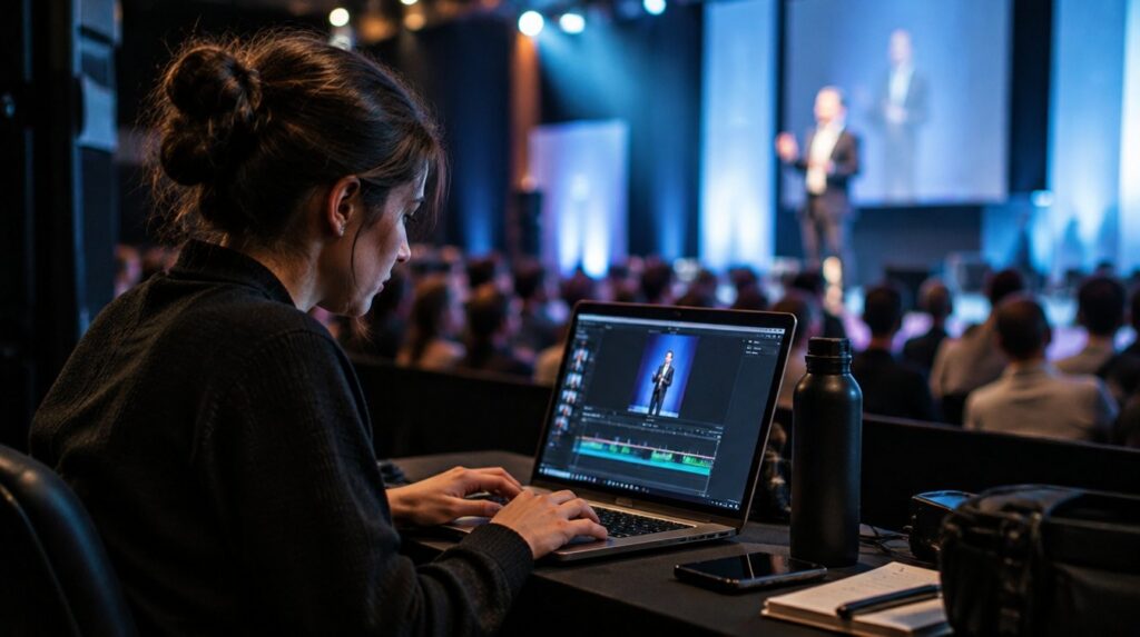 Social media producer editing an event clip on a laptop beside a conference stage