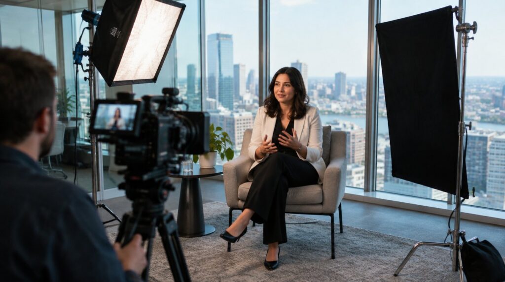 Corporate interview set up in a glass-walled office with an LED panel, softbox and black negative fill flag