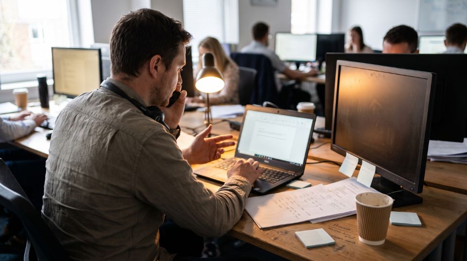 Operations specialist managing lead follow-up at a laptop