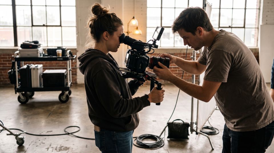 Camera operator and focus puller working on a commercial video shoot