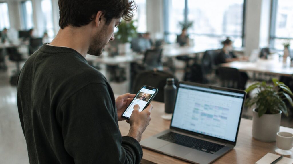 Founder checking a social feed on a phone next to a laptop showing a booking page