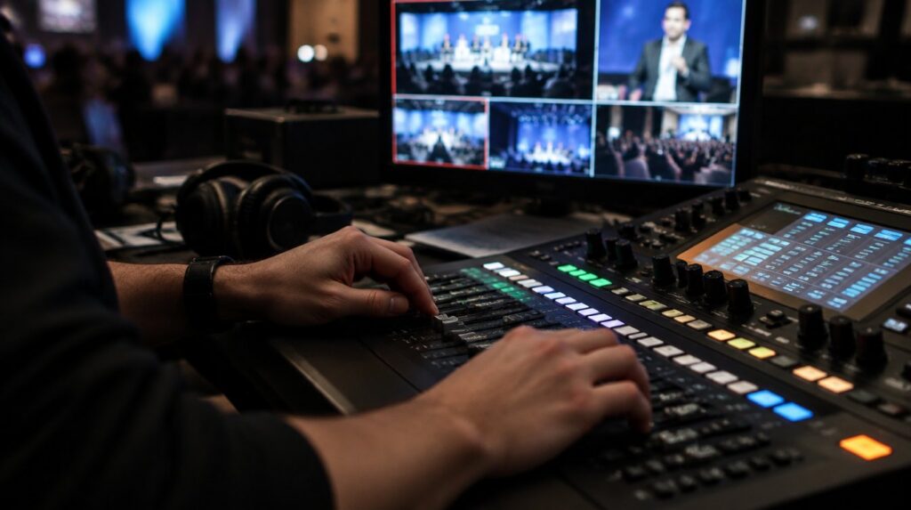 Technical director adjusting an audio mixer in front of a multiview monitor at a live event