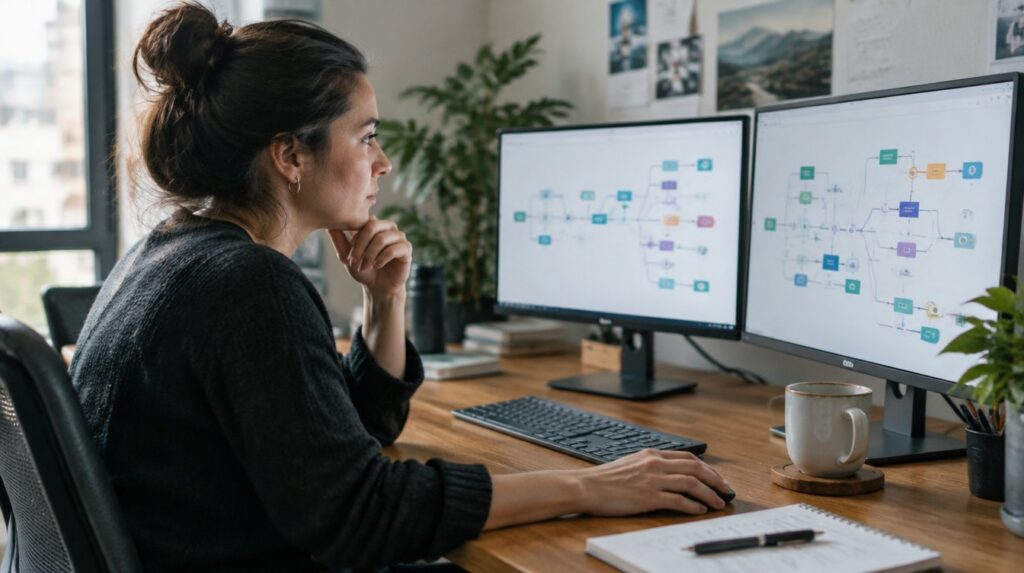 Marketing operations manager reviewing an automation workflow diagram on two monitors