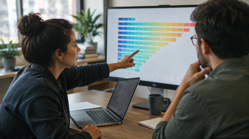 Performance marketer and finance analyst reviewing a customer cohort chart on a monitor