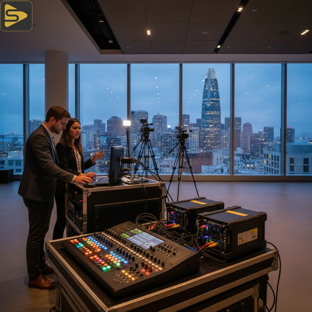 Professional Livestream Setup San Francisco Professional SF event livestreaming setup with bonded cellular hardware in a downtown venue