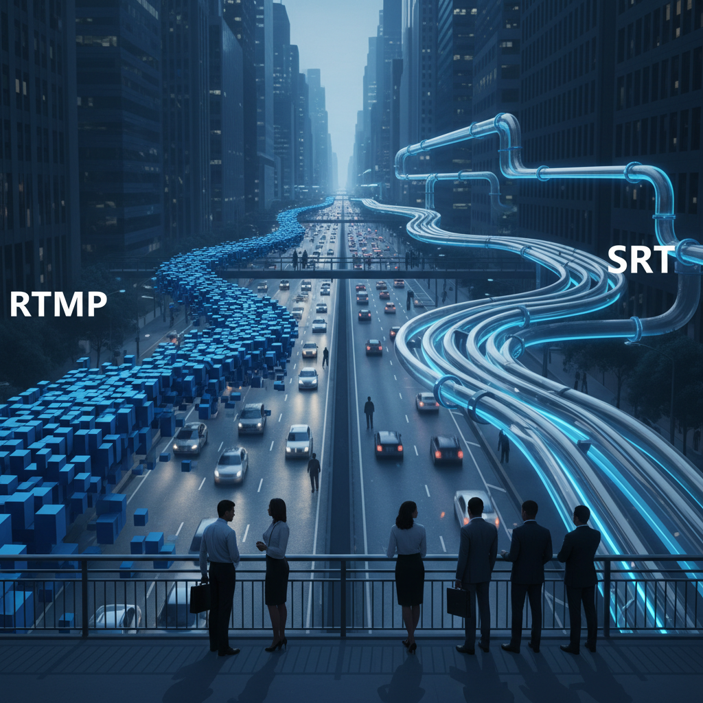 SRT vs RTMP Protocol Comparison Infographic comparing SRT vs RTMP for professional event broadcast reliability